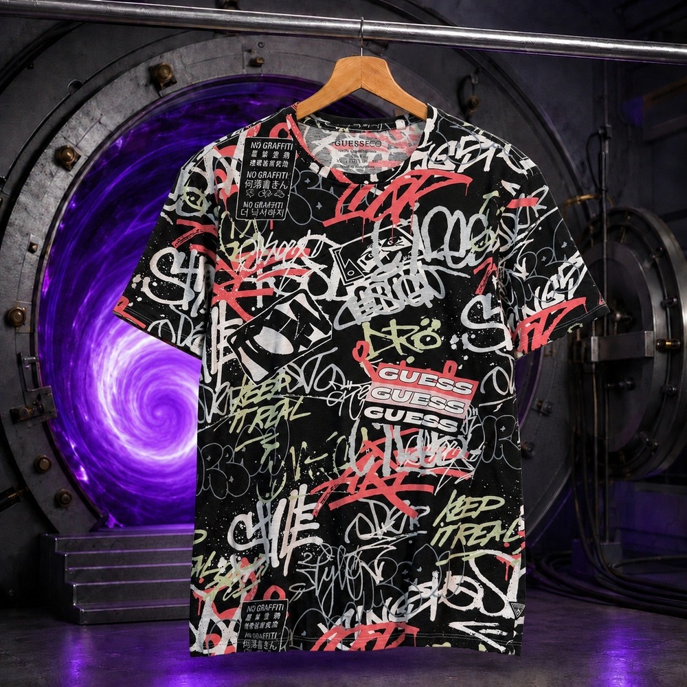 GUESS ECO Graffiti Graphic Slim Fit Tee Black Pink Medium All‎ Over Print Shirt